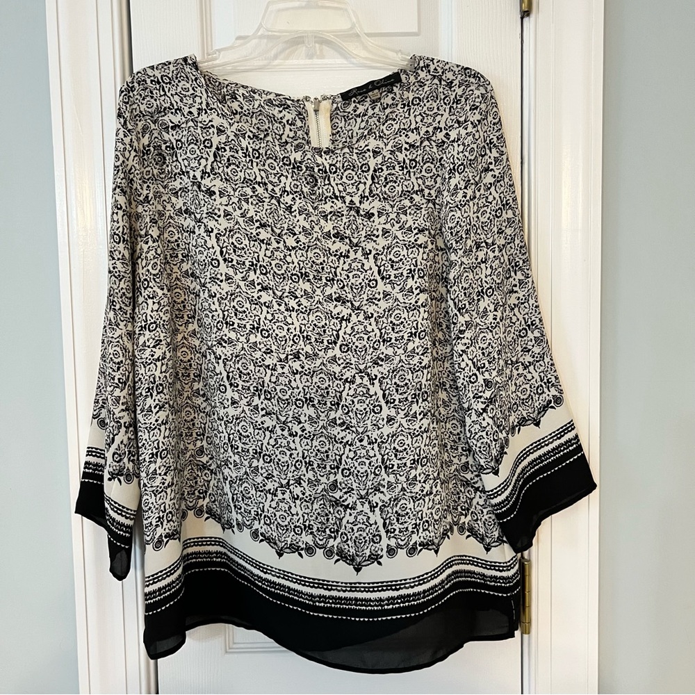 Black and white floral blouse; Sz M